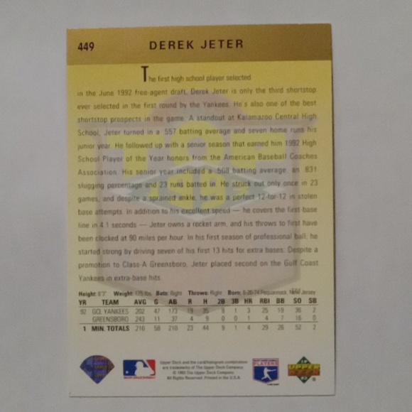 1993 Upper Deck Derek Jeter Rookie #449 - Picture 2 of 2